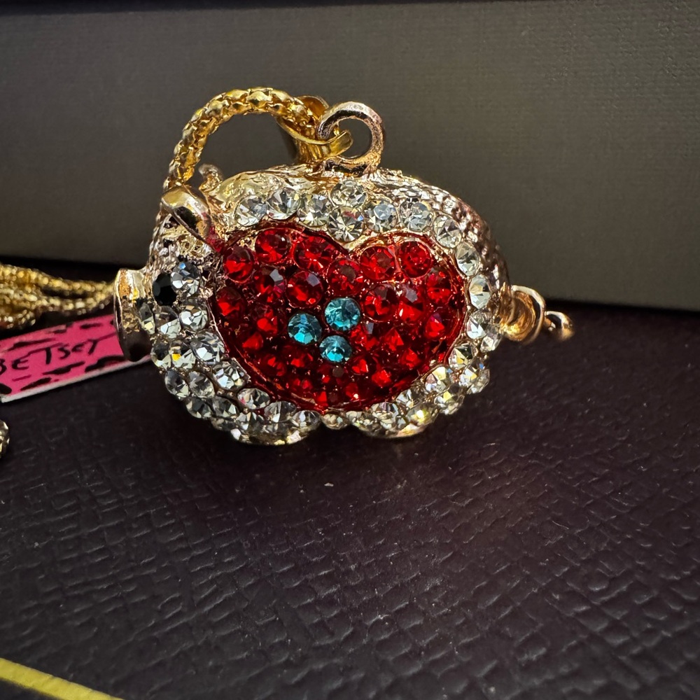Betsey Johnson Gold Pig Pendant Necklace with Red and Blue Crystals Bling